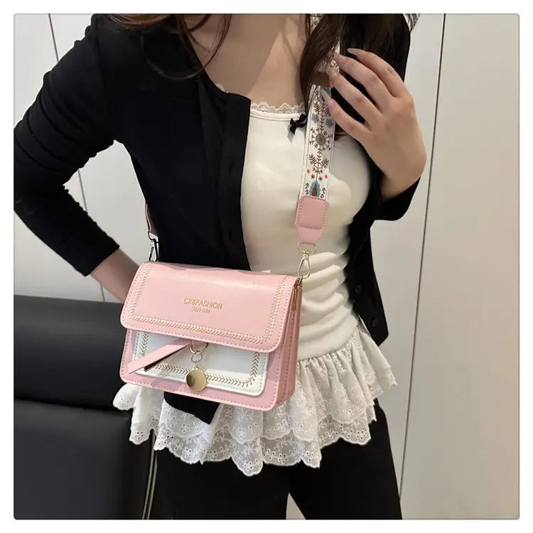 Women's Black Contrasting Square Shoulder Bag with Embroidered Strap — feature 19