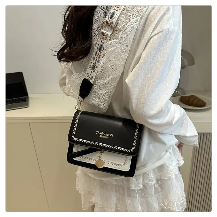 Women's Black Contrasting Square Shoulder Bag with Embroidered Strap — feature 20