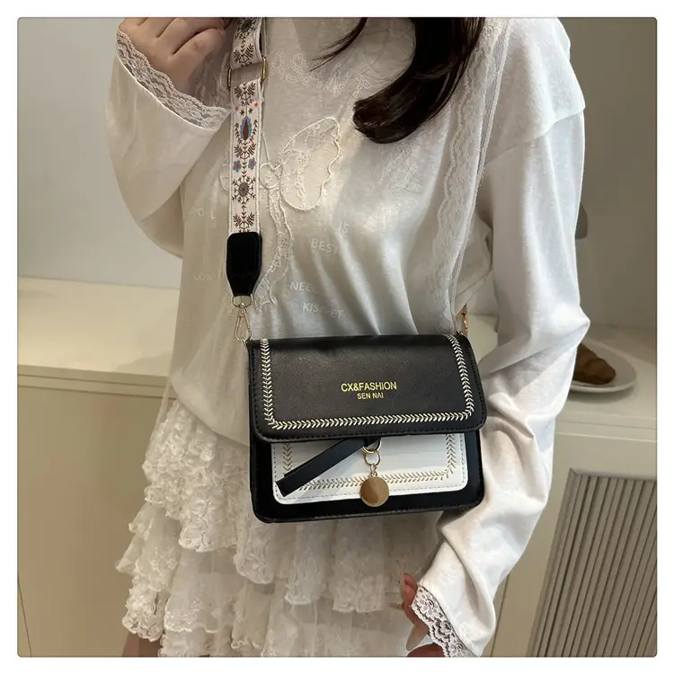 Women's Black Contrasting Square Shoulder Bag with Embroidered Strap — feature 21
