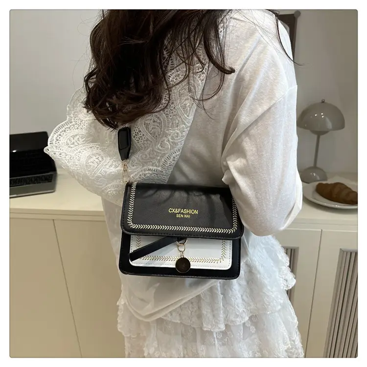 Women's Black Contrasting Square Shoulder Bag with Embroidered Strap — feature 22