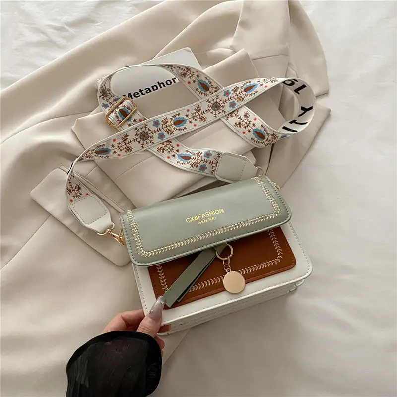 Women's Black Contrasting Square Shoulder Bag with Embroidered Strap - Image 3