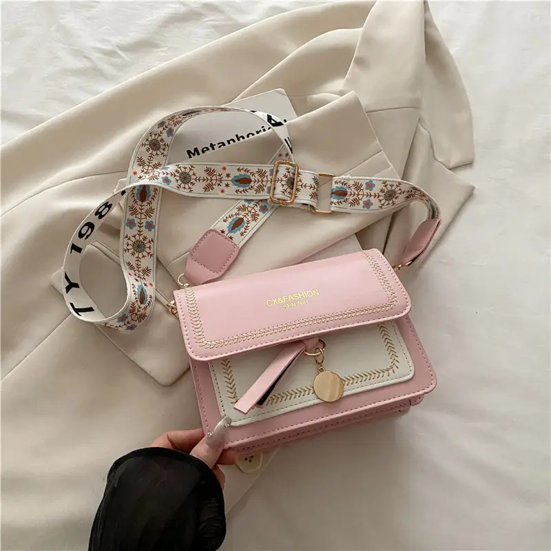 Women's Black Contrasting Square Shoulder Bag with Embroidered Strap - Image 4