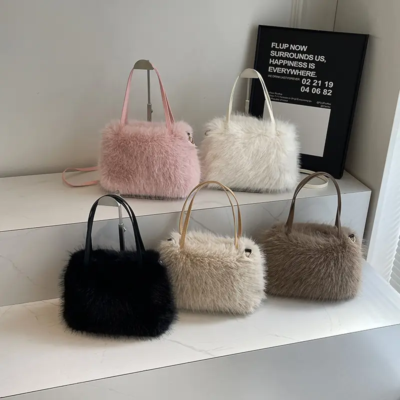 Pink Faux Fur Satchel Bag for Women