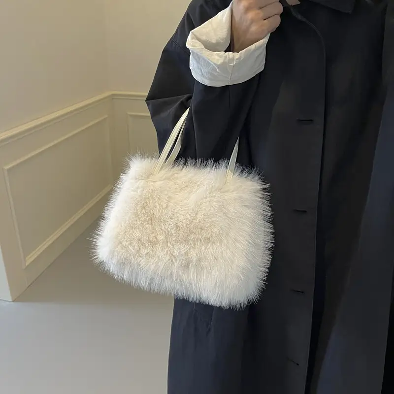 Pink Faux Fur Satchel Bag for Women