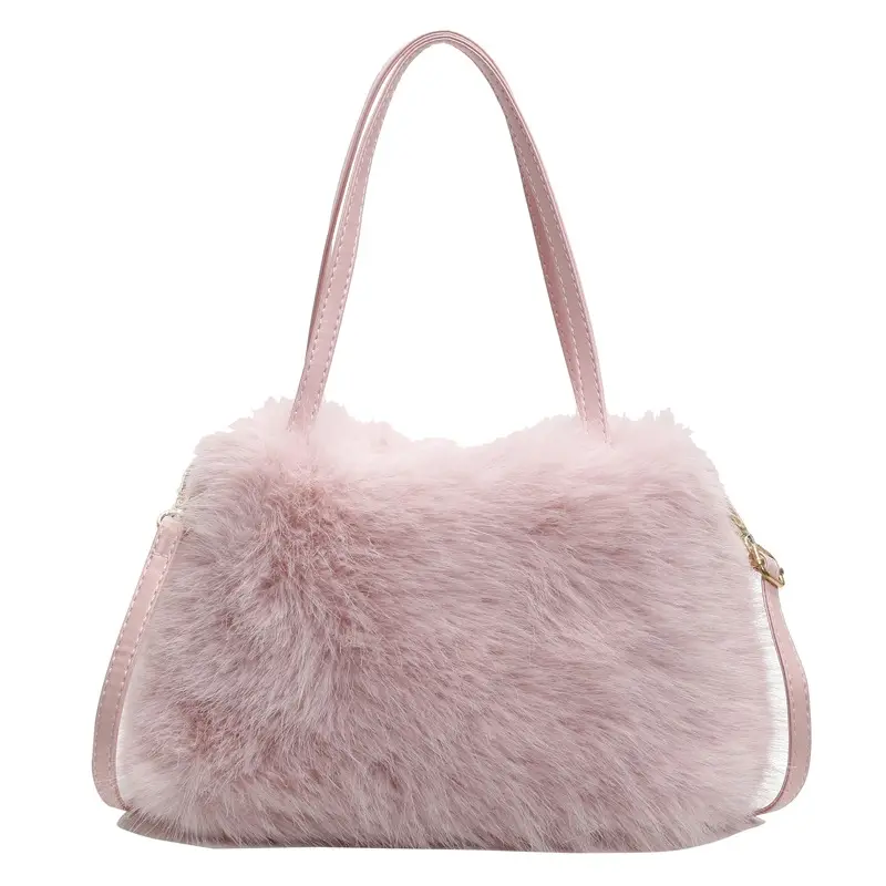 Pink Faux Fur Satchel Bag for Women