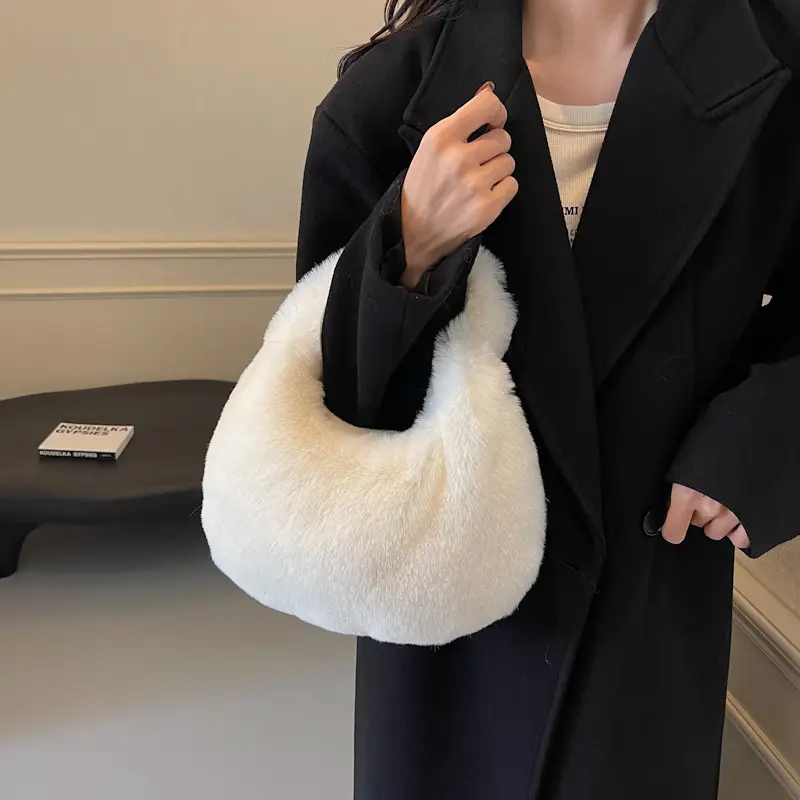 Women Winter Fleece Shoulder Bag Brown Soft Warm - Image 6