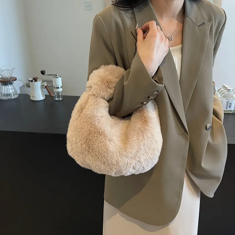 Women Winter Fleece Shoulder Bag Brown Soft Warm - Image 7