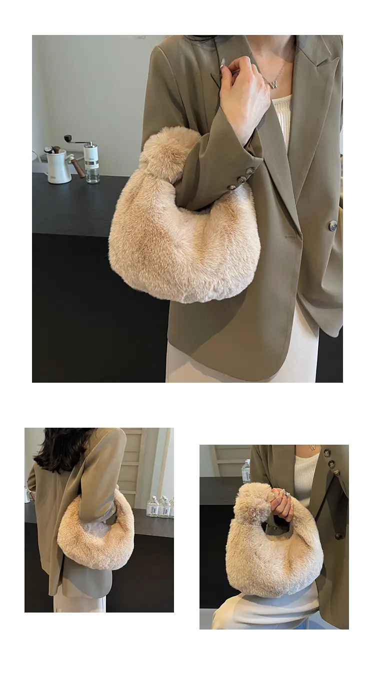 Women Winter Fleece Shoulder Bag Brown Soft Warm — feature 12