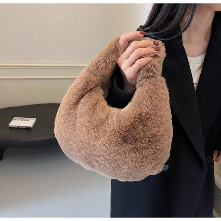Women Winter Fleece Shoulder Bag Brown Soft Warm — feature 25