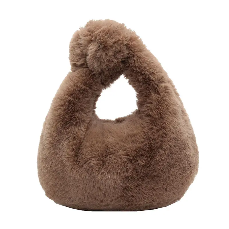 Women Winter Fleece Shoulder Bag Brown Soft Warm - Image 4
