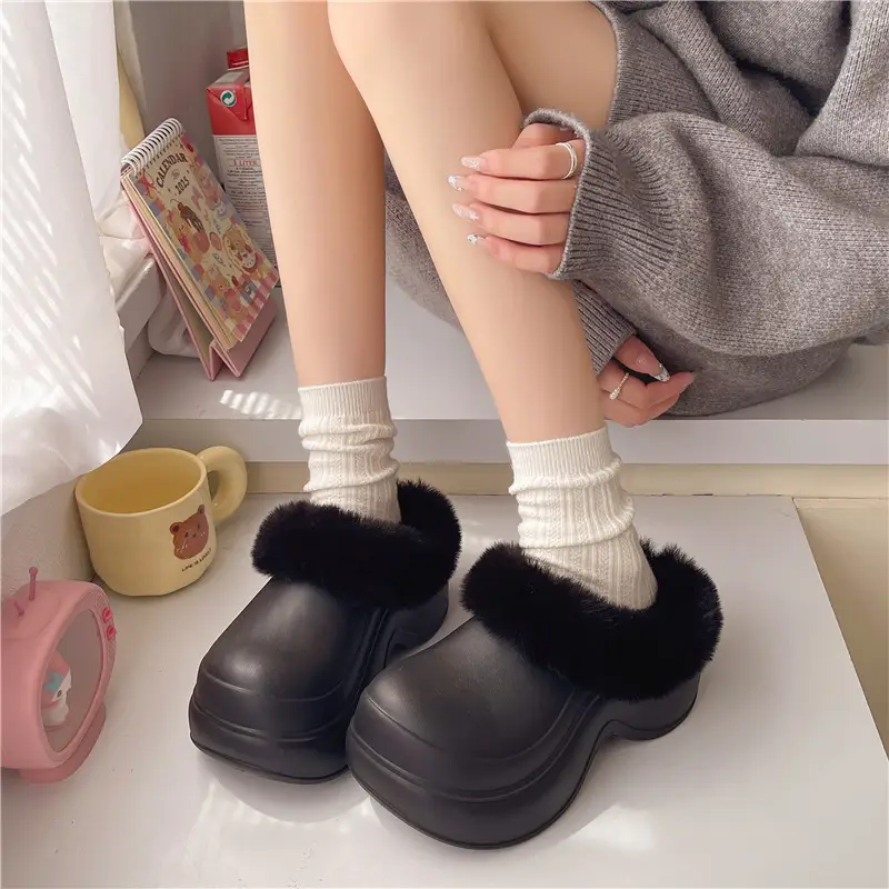 Qidan Shoe Factory Cotton Slippers for Women Autumn and Winter Home Indoor Thick-Soled Waterproof Anti-Slip Outer Wear Warm Furry Slippers