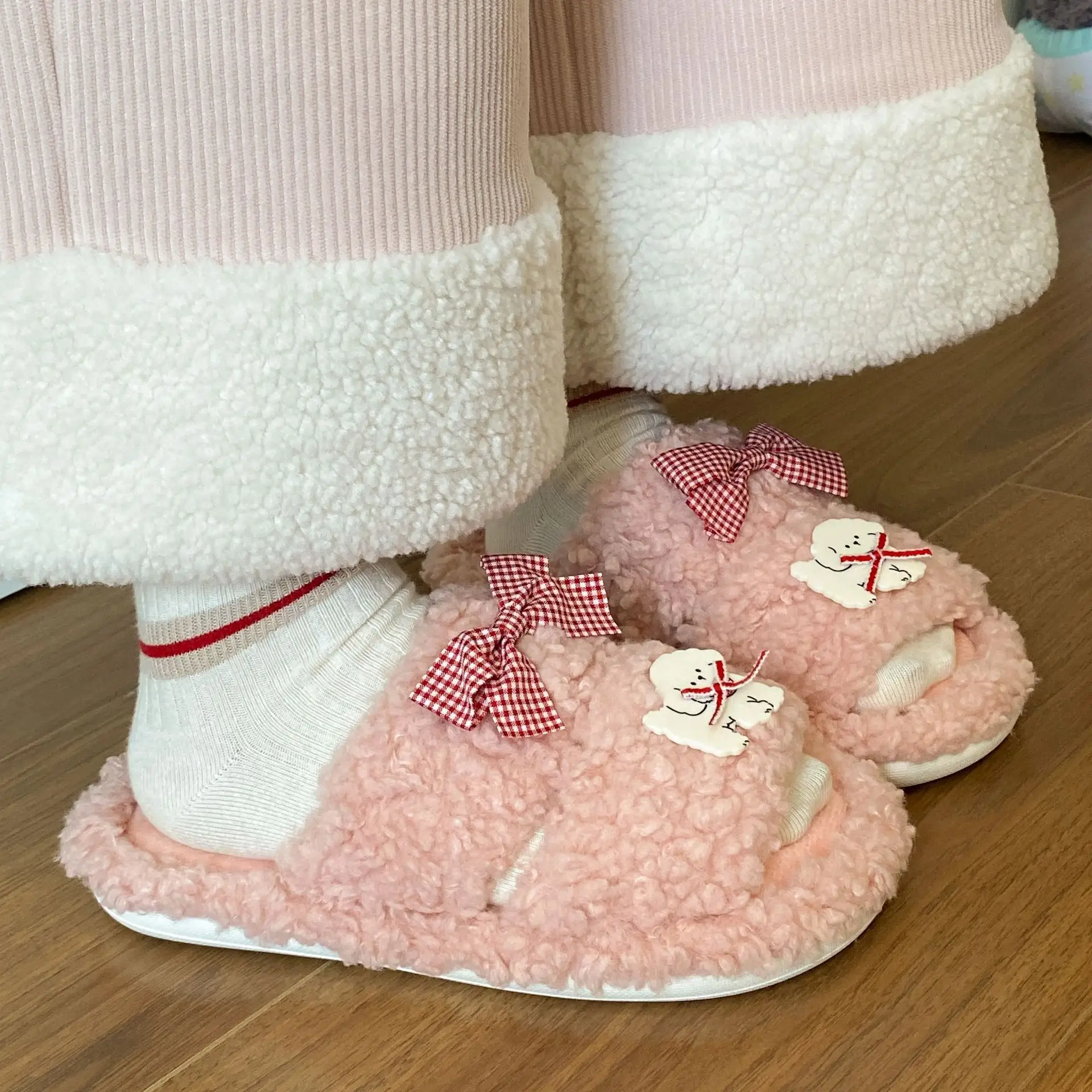 Pink Cartoon Woolen Slippers for Women Winter Comfort