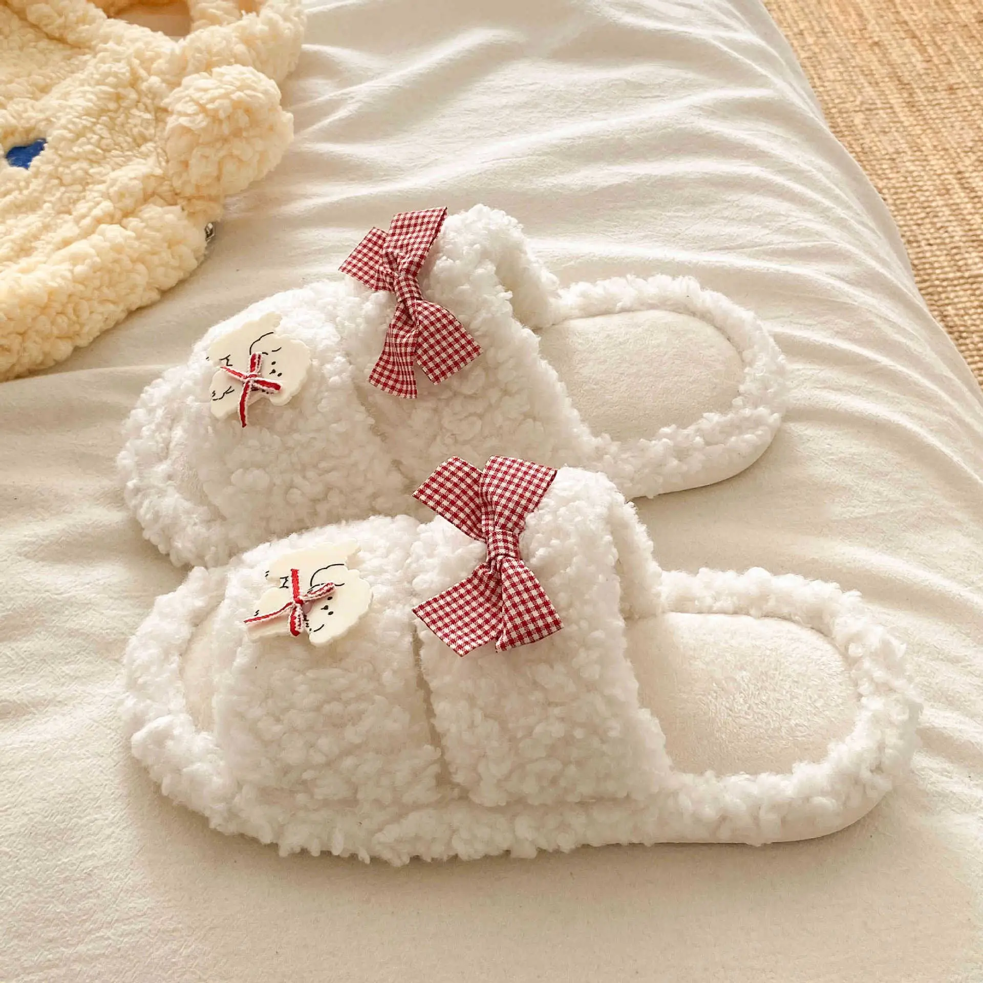 Pink Cartoon Woolen Slippers for Women Winter Comfort