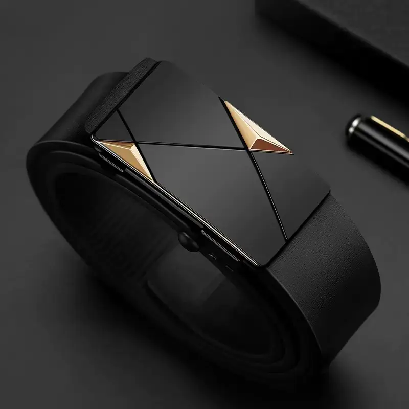 Men's Black Toothless Belt with Gold Triangle Buckle — feature 3