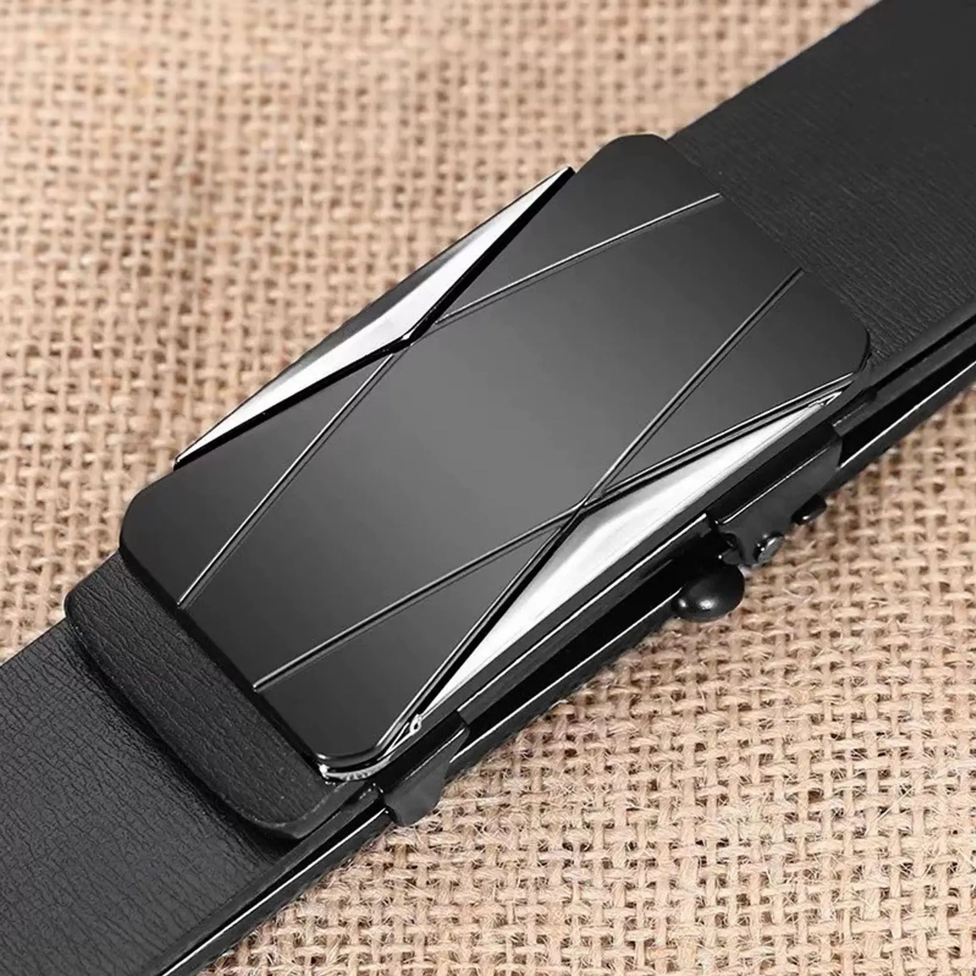 Men's Black Toothless Belt with Gold Triangle Buckle
