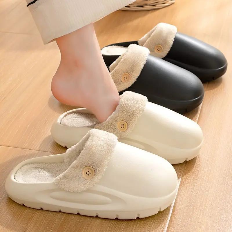 Waterproof and Stain-Resistant Removable Cotton Slippers for Men, Autumn and Winter Outer Wear, Non-Slip Household Couple Indoor Thick-Soled Cotton Slippers