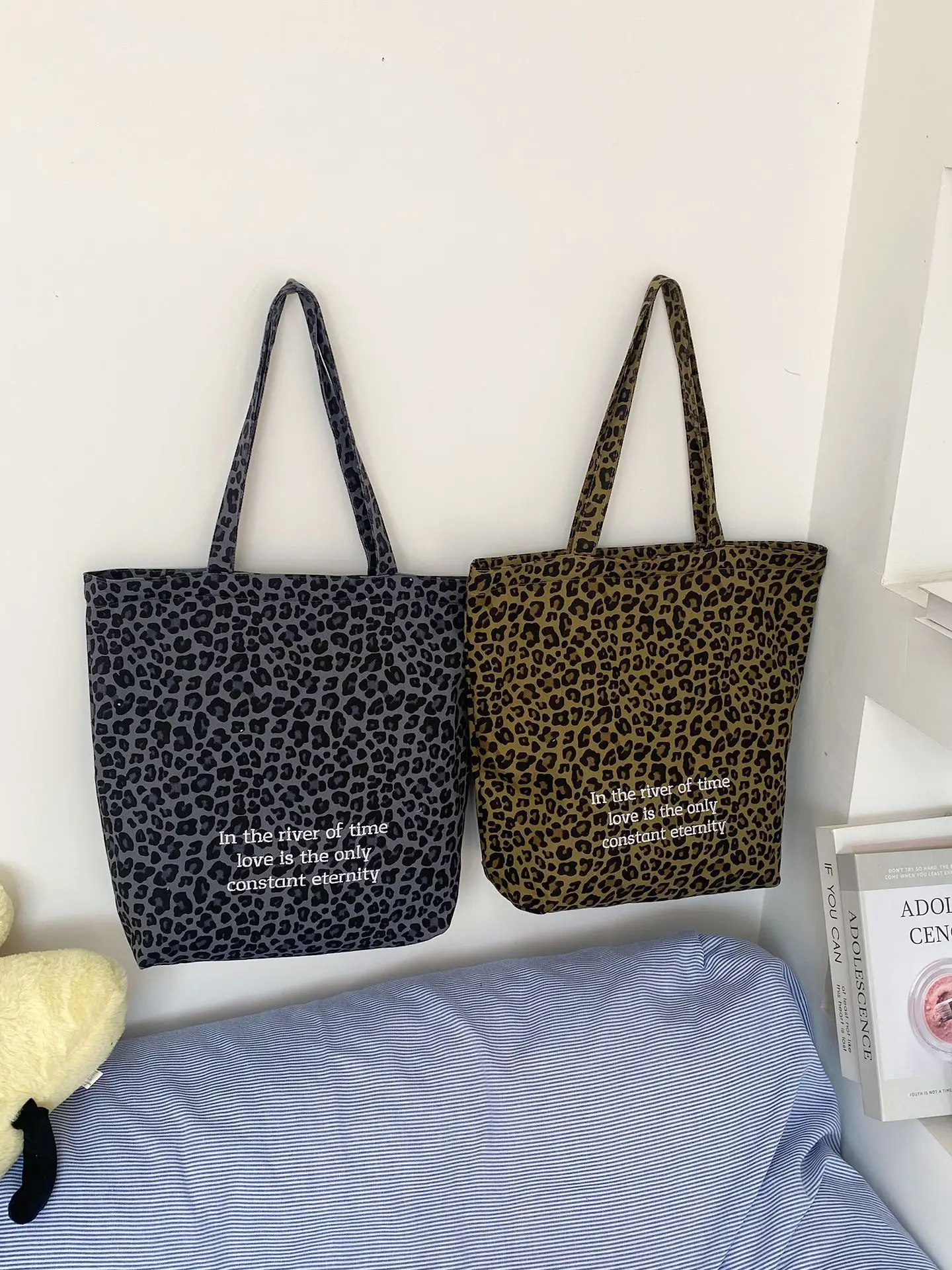Leopard Print Large Cap Bag Korean Canvas Shoulder Tote - Image 5