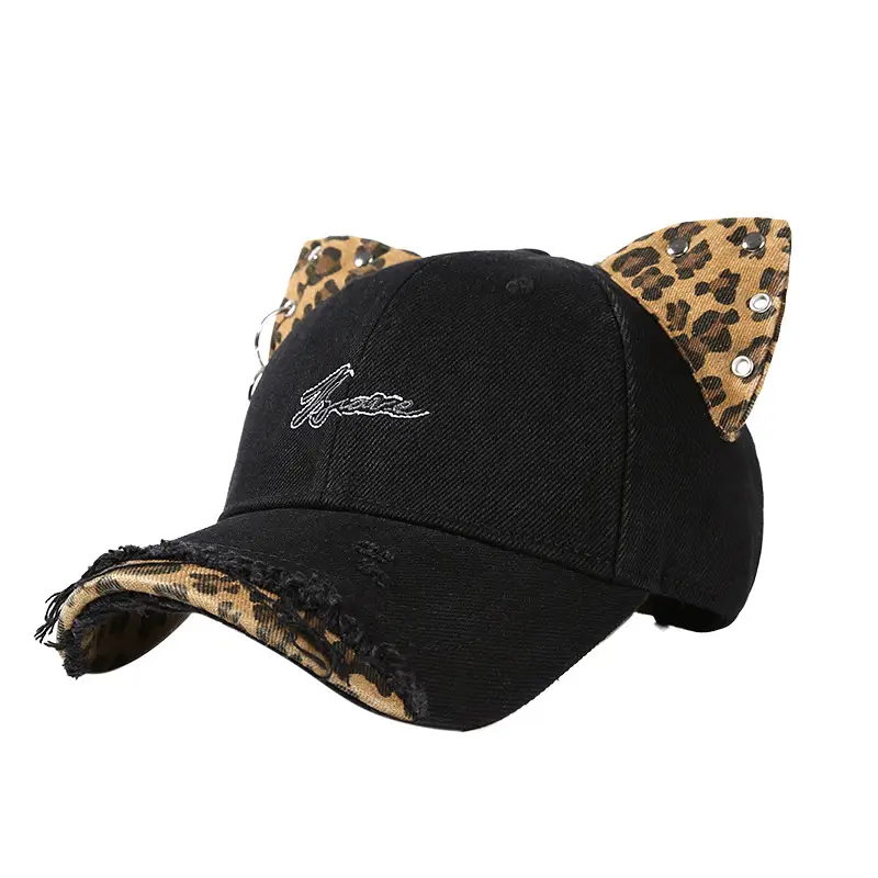 Women Leopard Cat Ear Baseball Cap Black - Image 2