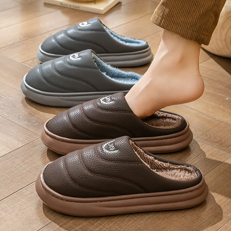 Cross-Border Extra Large Size Men's Waterproof Cotton Slippers Indoor Home Thick-Soled Non-Slip Plus Velvet Warm Leather Plush Slippers - Image 4