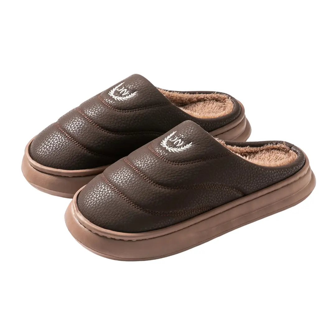 Cross-Border Extra Large Size Men's Waterproof Cotton Slippers Indoor Home Thick-Soled Non-Slip Plus Velvet Warm Leather Plush Slippers - Image 7