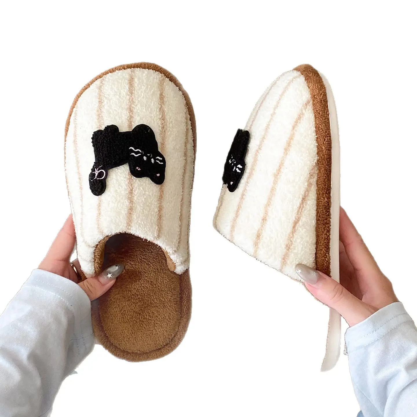Women's Pink Striped Embroidered Cotton Slippers Winter Home