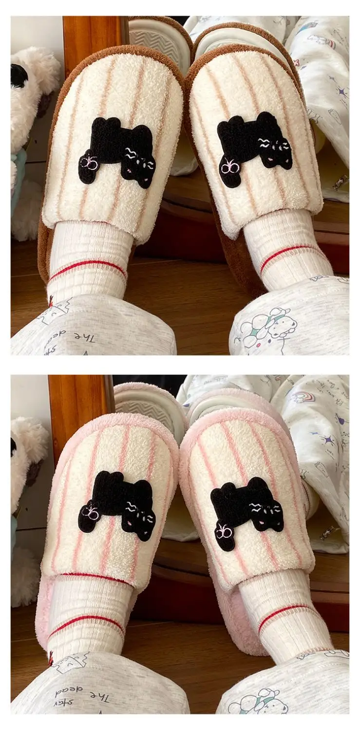 Women's Pink Striped Embroidered Cotton Slippers Winter Home — feature 10
