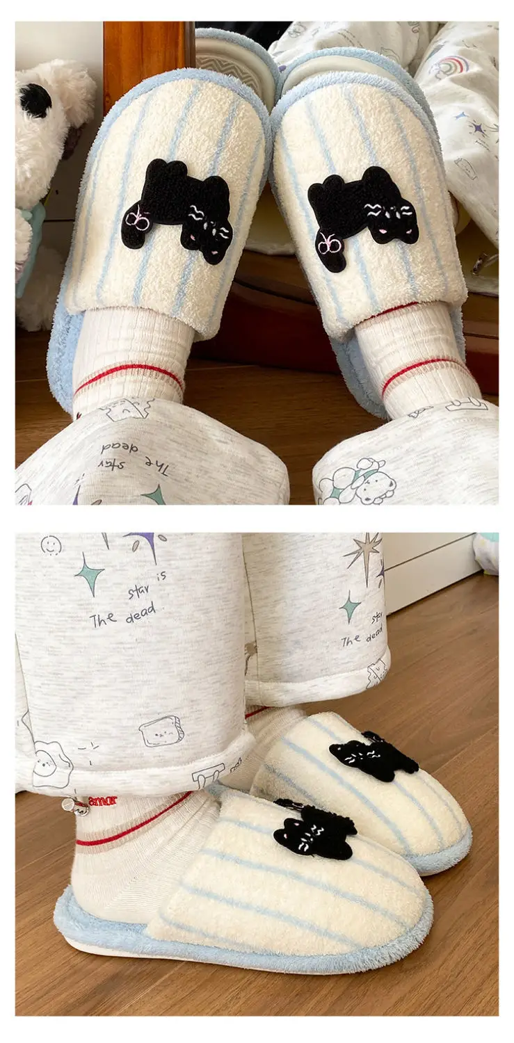 Women's Pink Striped Embroidered Cotton Slippers Winter Home — feature 11