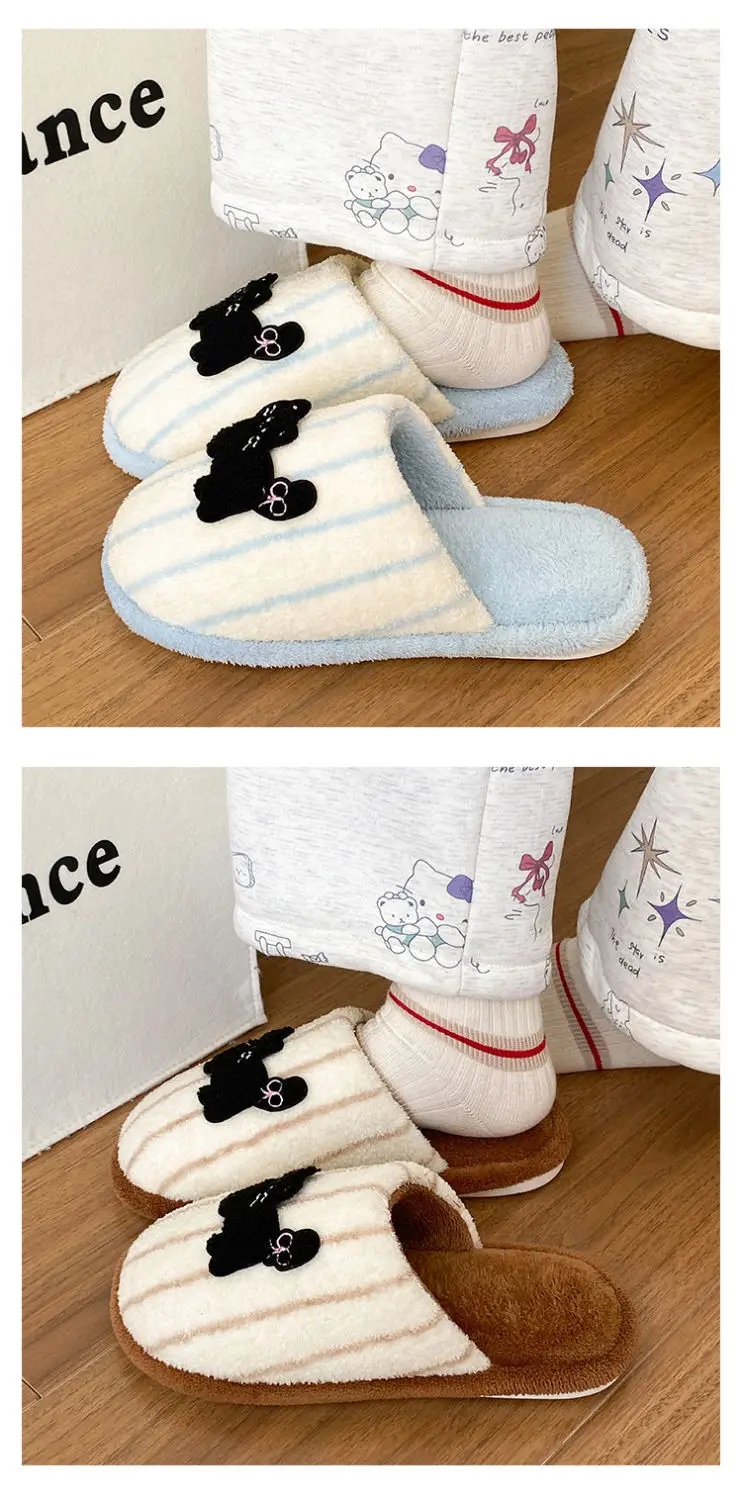 Women's Pink Striped Embroidered Cotton Slippers Winter Home — feature 12