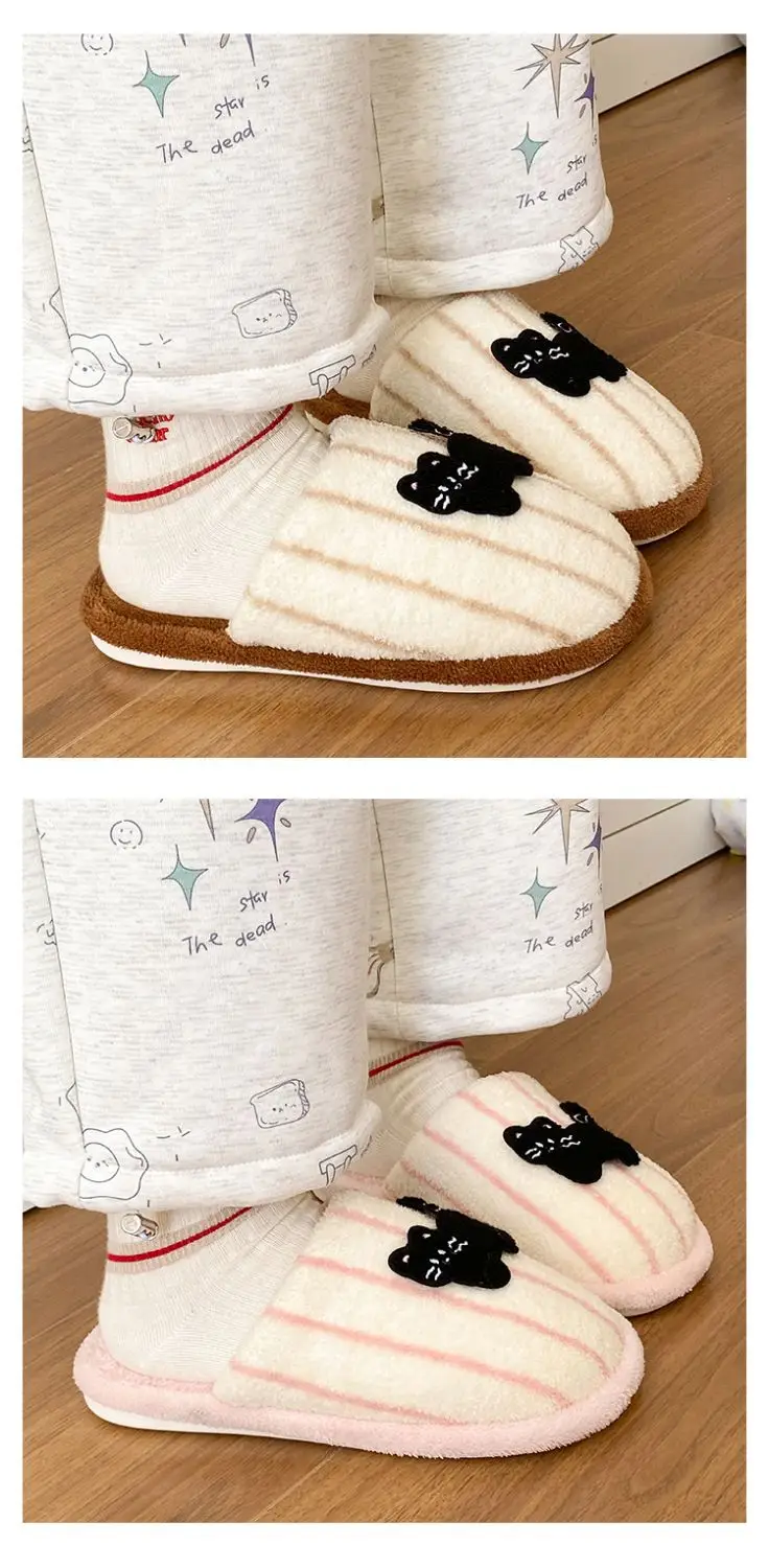 Women's Pink Striped Embroidered Cotton Slippers Winter Home — feature 13