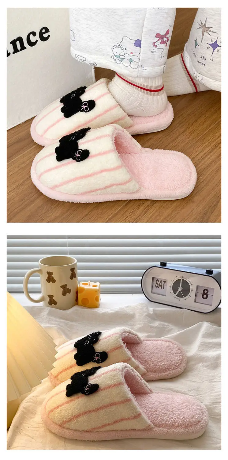 Women's Pink Striped Embroidered Cotton Slippers Winter Home — feature 14