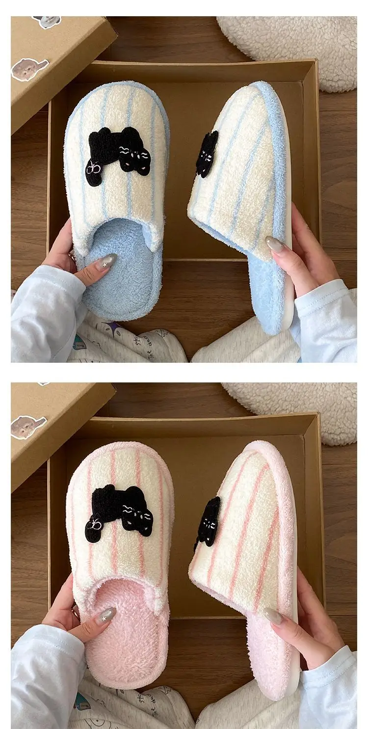 Women's Pink Striped Embroidered Cotton Slippers Winter Home — feature 16