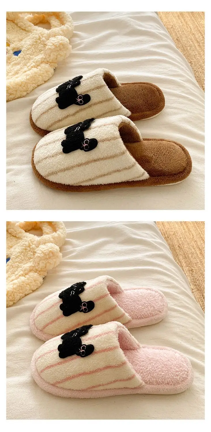 Women's Pink Striped Embroidered Cotton Slippers Winter Home — feature 18