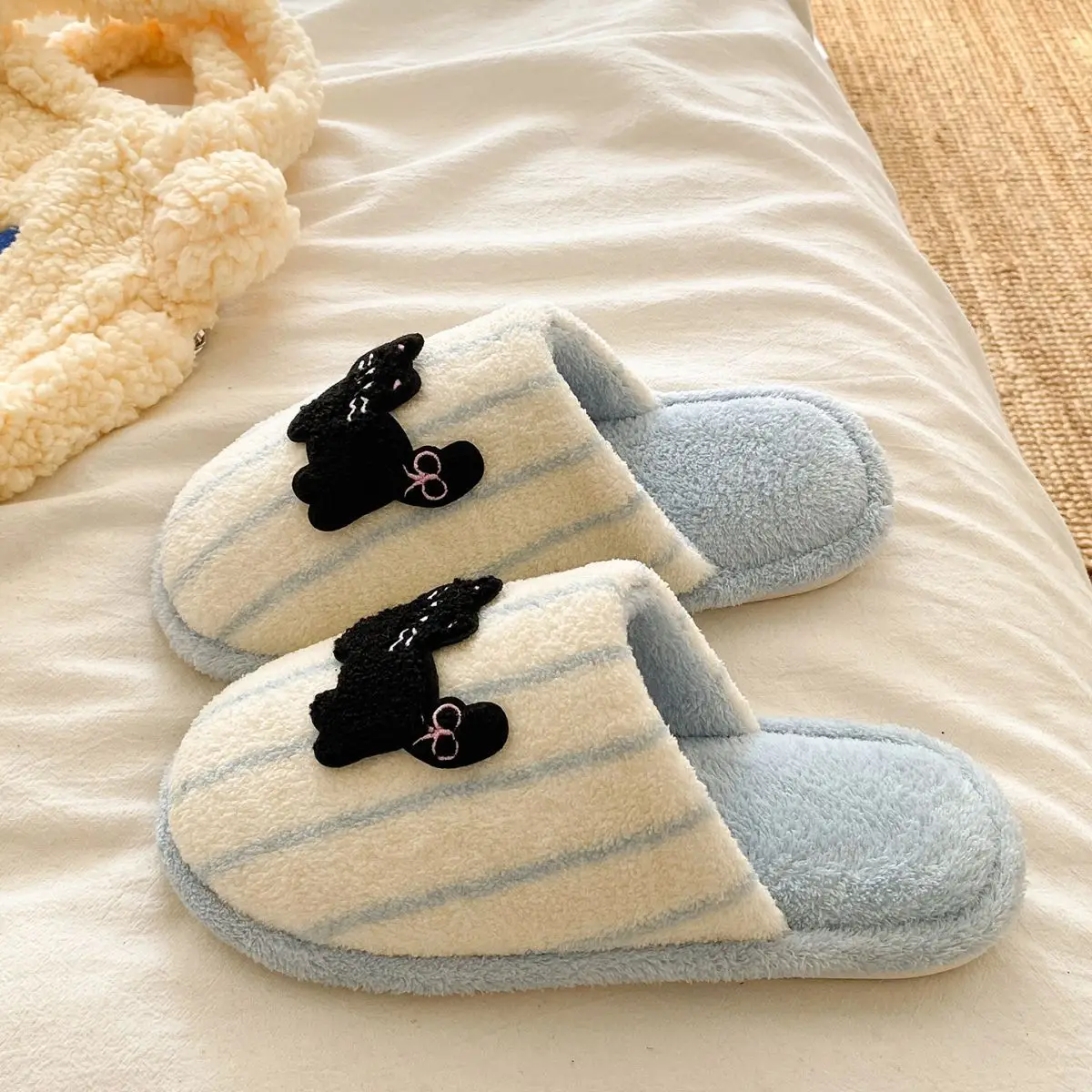 Women's Pink Striped Embroidered Cotton Slippers Winter Home — feature 19