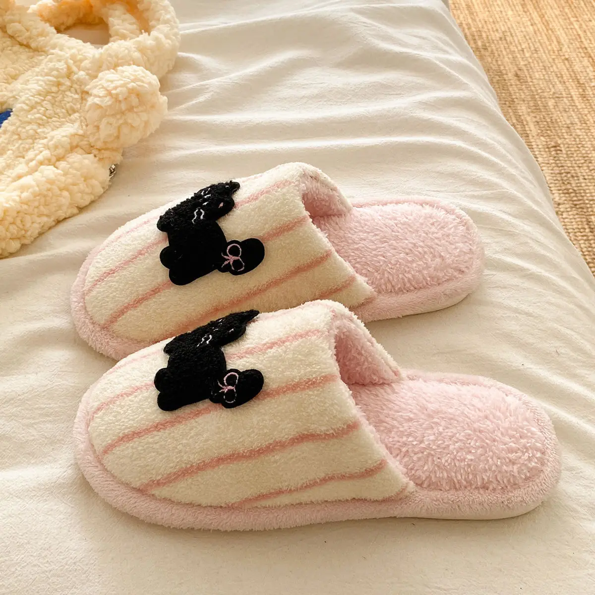 Women's Pink Striped Embroidered Cotton Slippers Winter Home — feature 21