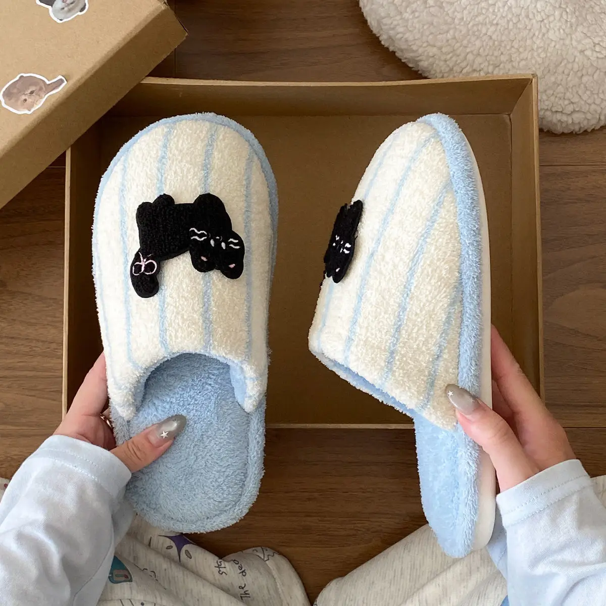 Women's Pink Striped Embroidered Cotton Slippers Winter Home — feature 22