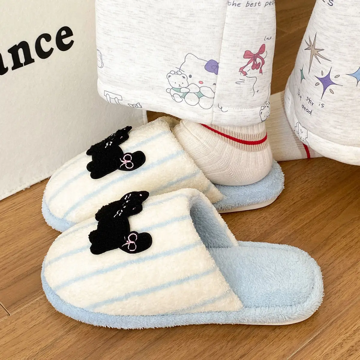 Women's Pink Striped Embroidered Cotton Slippers Winter Home — feature 27