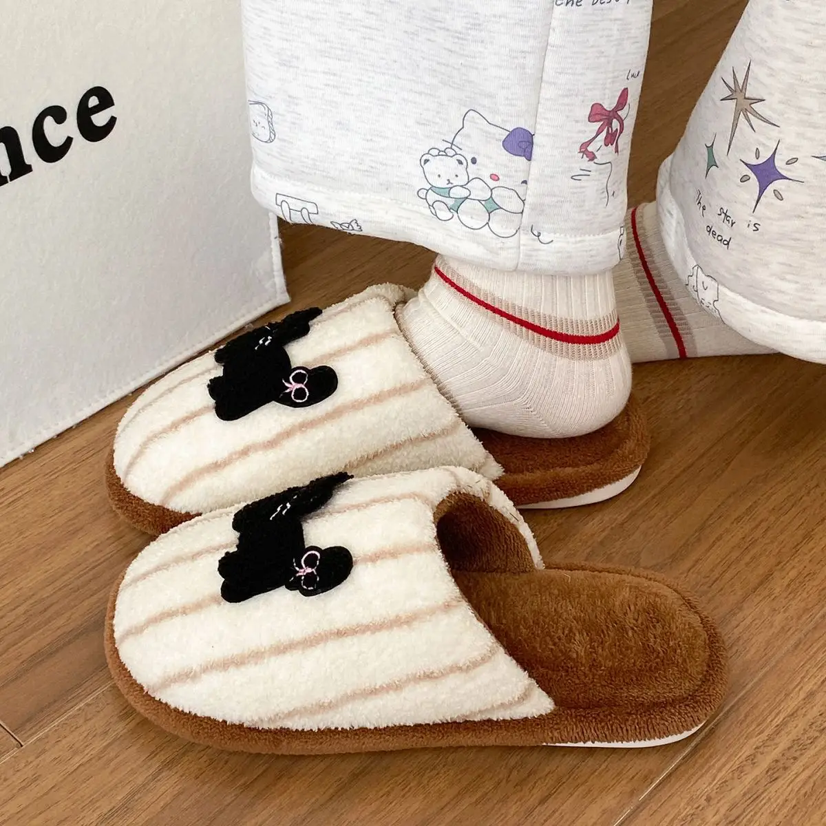 Women's Pink Striped Embroidered Cotton Slippers Winter Home — feature 28