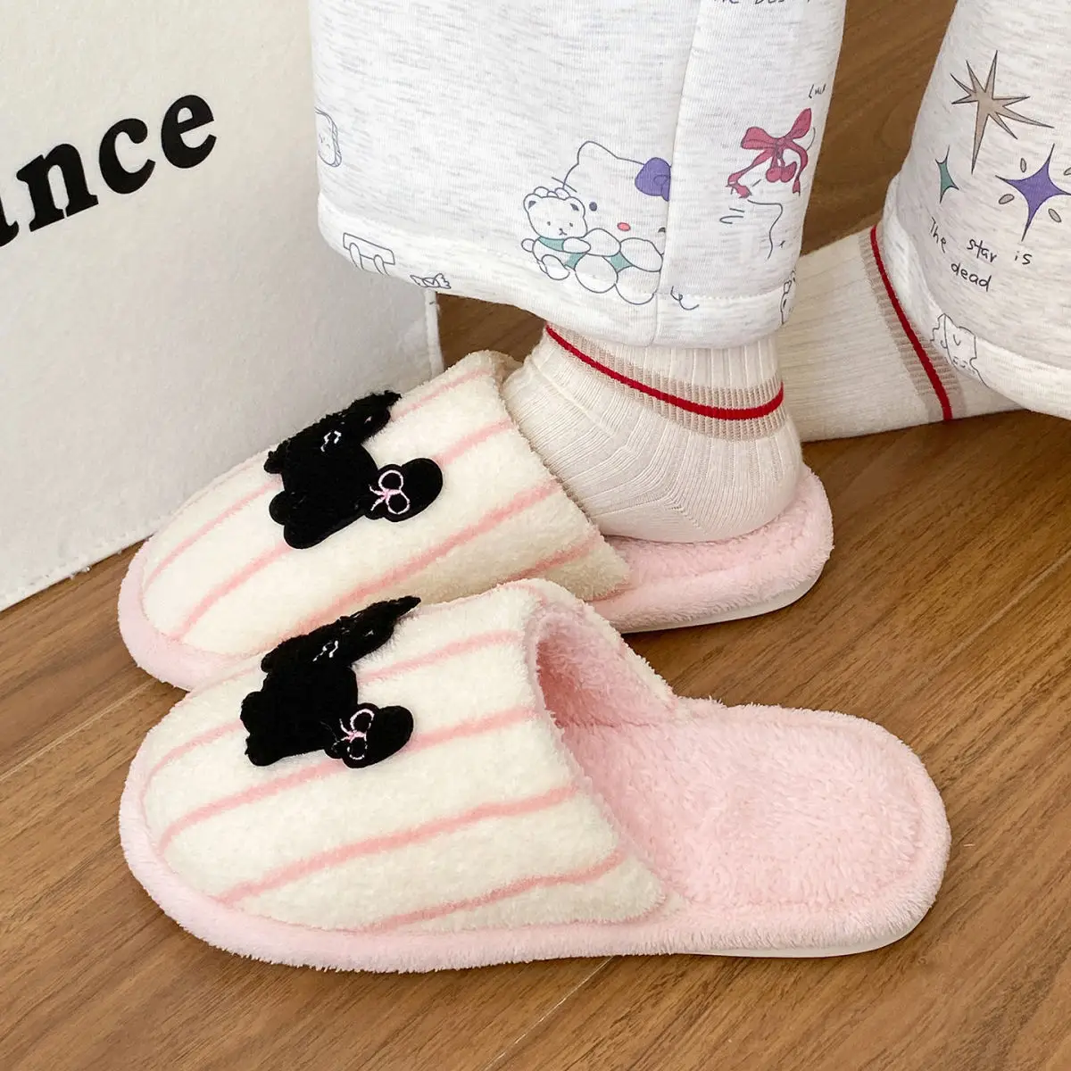 Women's Pink Striped Embroidered Cotton Slippers Winter Home — feature 31