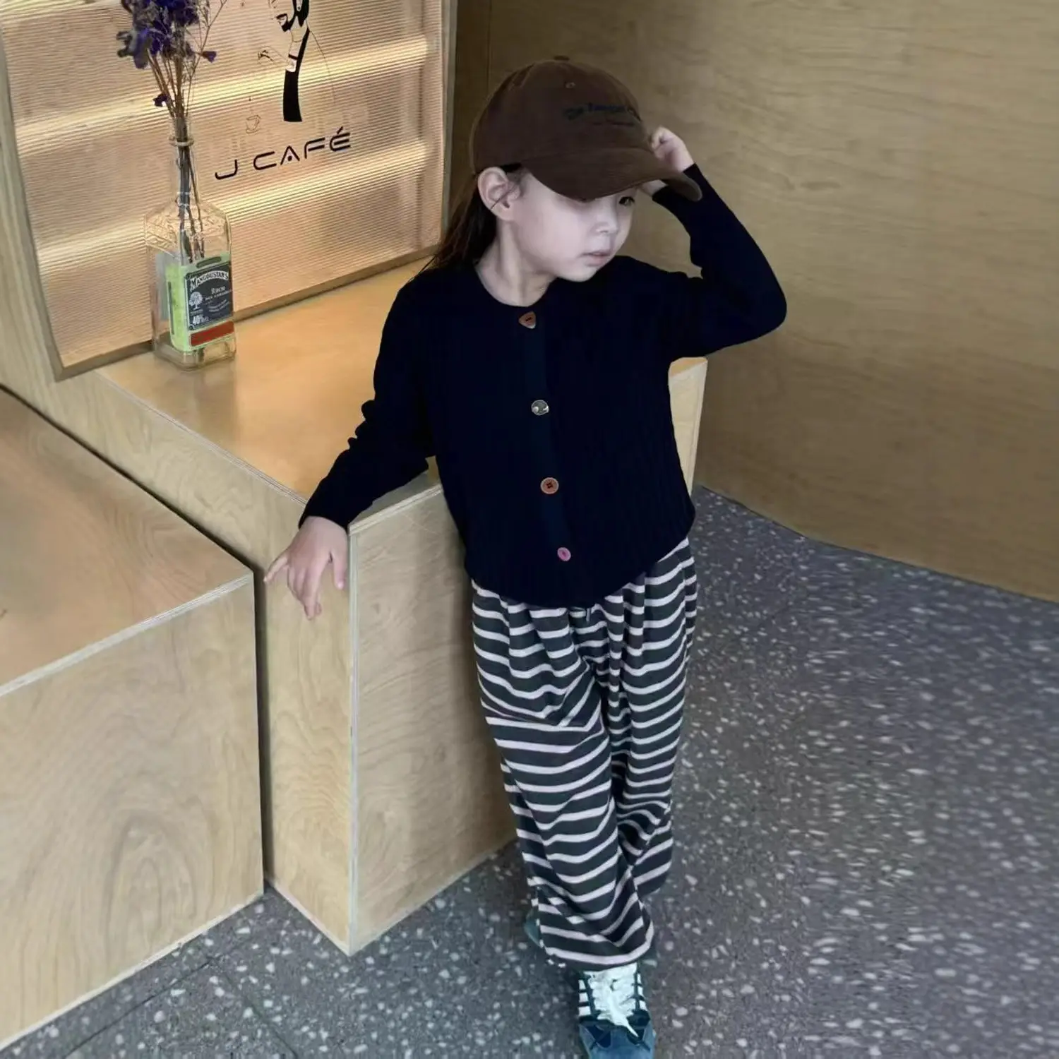 Girls 2025 Knitted Cardigan Pit Stripes Wide Leg Pants