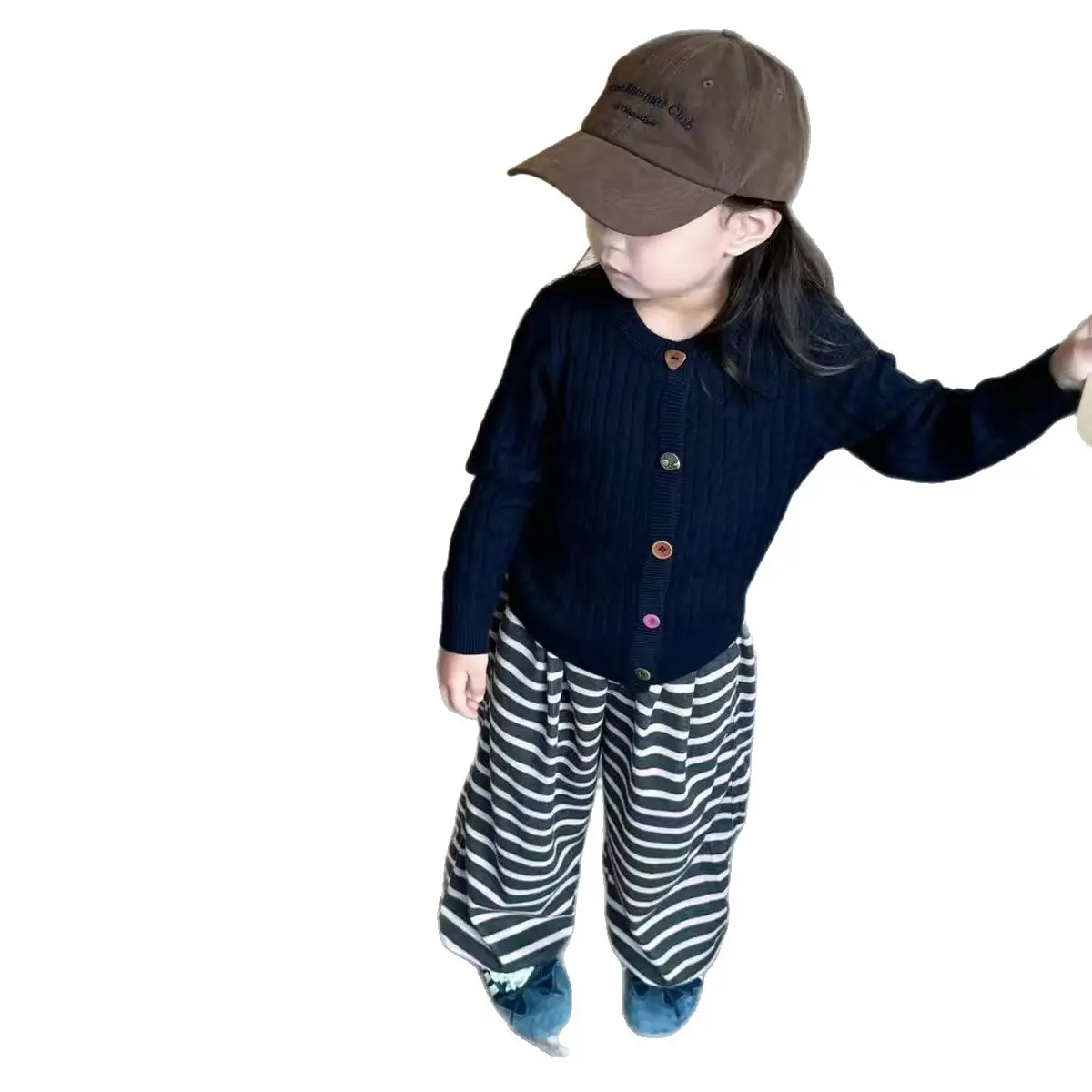Girls 2025 Knitted Cardigan Pit Stripes Wide Leg Pants