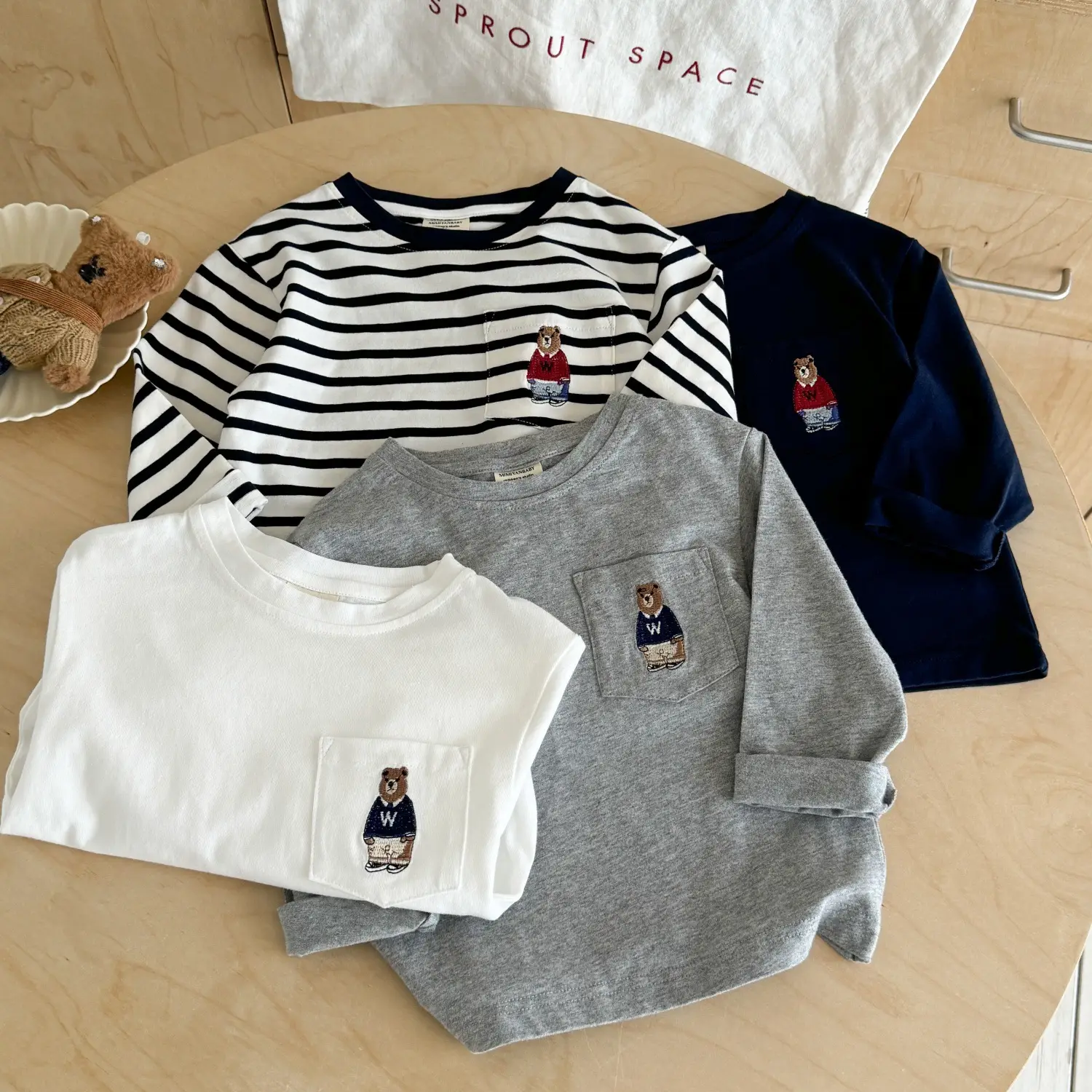 Children Long Sleeve T-Shirt Gray Bear Print Cross Border — feature 14