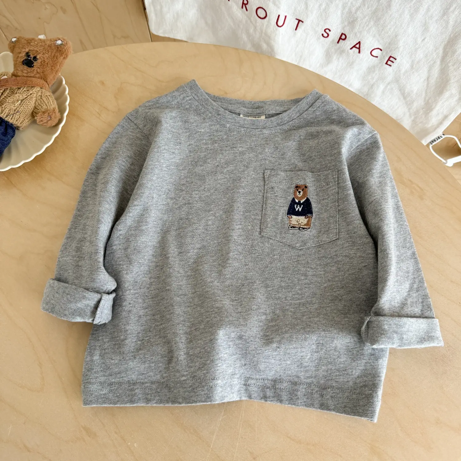 Children Long Sleeve T-Shirt Gray Bear Print Cross Border - Image 4