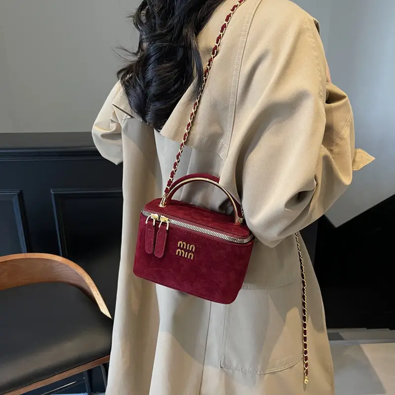 Women's Brown Suede Crossbody Bag with Gold Handle - Image 8