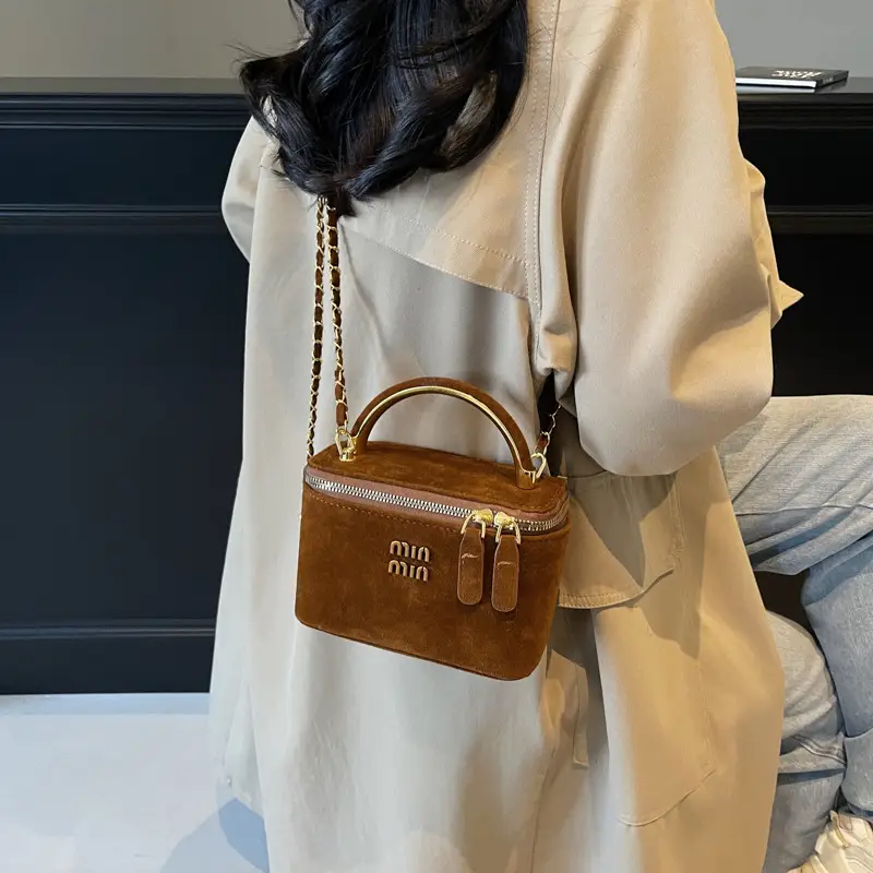 Women's Brown Suede Crossbody Bag with Gold Handle - Image 9