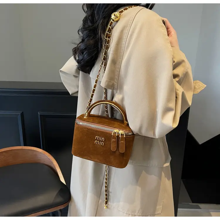Women's Brown Suede Crossbody Bag with Gold Handle — feature 20