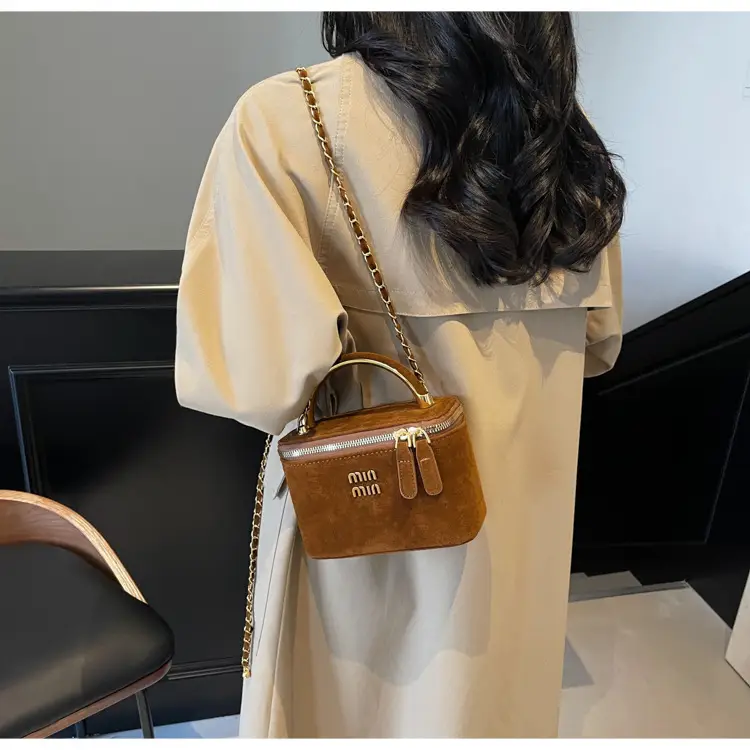 Women's Brown Suede Crossbody Bag with Gold Handle — feature 23