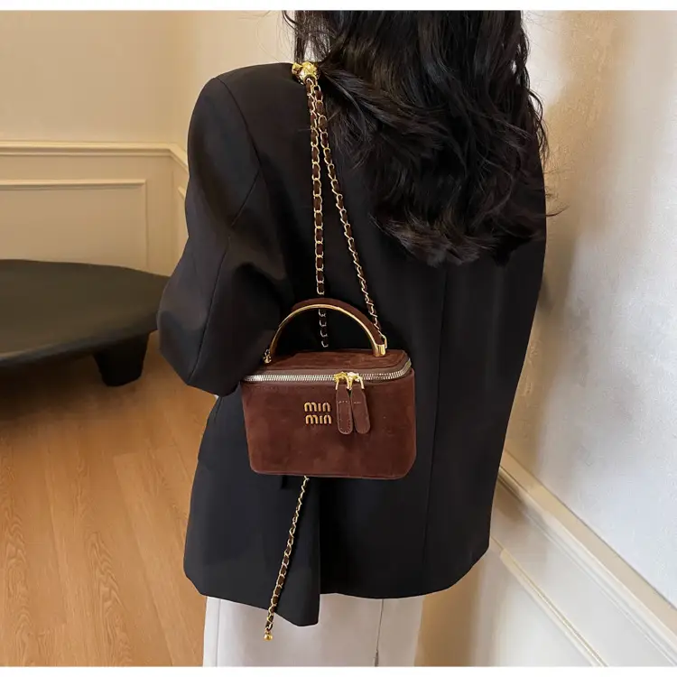 Women's Brown Suede Crossbody Bag with Gold Handle — feature 30