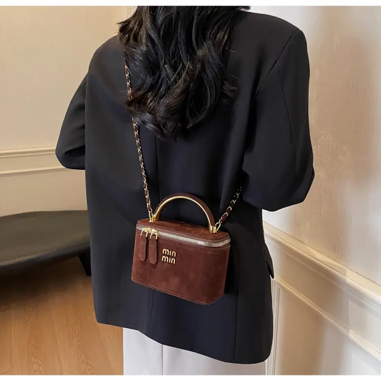 Women's Brown Suede Crossbody Bag with Gold Handle — feature 32