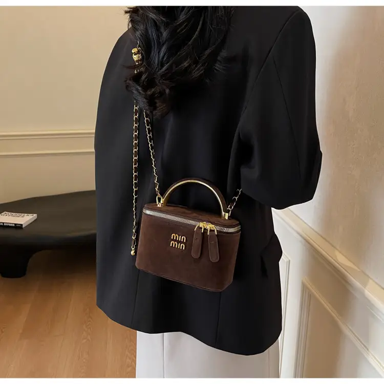 Women's Brown Suede Crossbody Bag with Gold Handle — feature 35