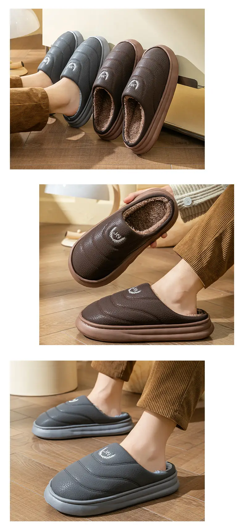 Winter Warm Cotton Slippers for Men Brown — feature 11